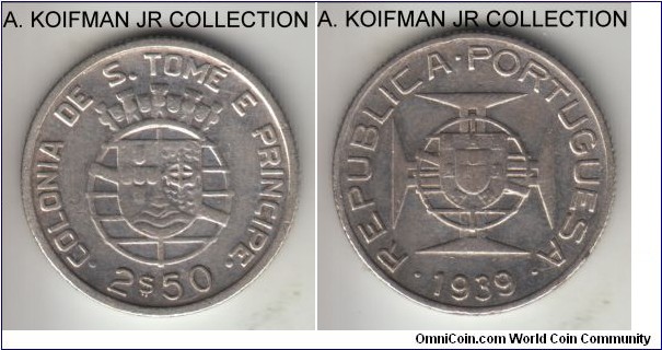 KM-5, 1939 St. Thomas and Principe (Portuguese Colony) 2 1/2 escudos; silver, reeded edge; scarcer 2 year type with mintage of 80,000,  fine or so, cleaned.