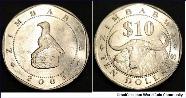 Zimbabwe 10 dollars.
2003