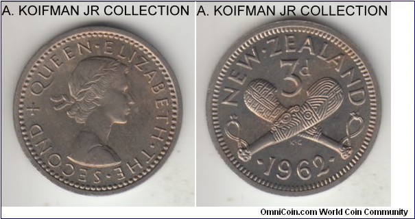 KM-25.2, 1962 New Zealand 3 pence; copper-nickel, plain edge; Elizabeth II, nice mostly bright uncirculated.