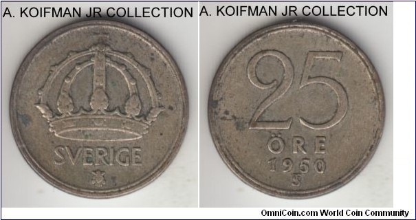 KM-816, 1950 Sweden 25 ore; silver, plain edge; Gustaf V, last year of the type, average circulated.