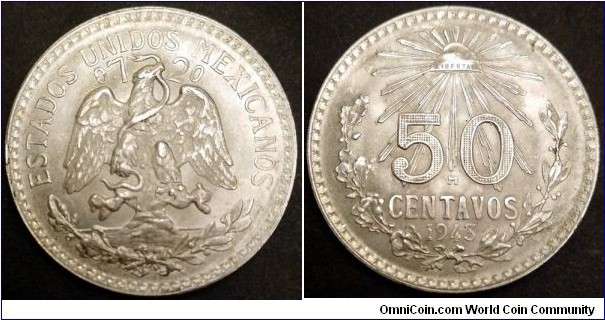 Mexico 50 centavos.
1943, Ag 720.