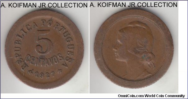 KM-572, 1927 Portugal 5 centavos; bronze, reeded edge; early Republican issue, smaller type, most common year, very fine or so.