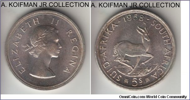 KM-52, 1958 South Africa (Dominion) 5 shillings; silver, reeded edge; Elizabeth II, proof-like or possibly proof with lightly mirrored fields and typical toning breaking on Queen's cheek, mintage 1,500 or 985 respectively, nice uncirculated.