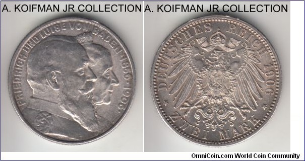 KM-276, 1906 German States Baden 2 marks; silver, reeded edge; commemorative issue for Friedrich I Golden Wedding Anniversary, choice uncirculated specimen with unusial tiny bit of metal protruding from the edge on both sides.