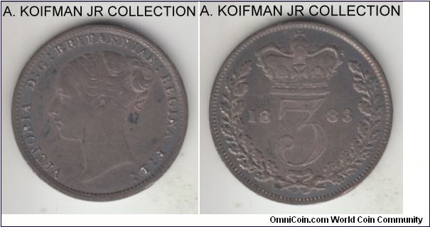 KM-730, 1883 Great Britain 3 pence; silver, plain edge; Victoria young (1'st) head, dark toned, extra fine or so.