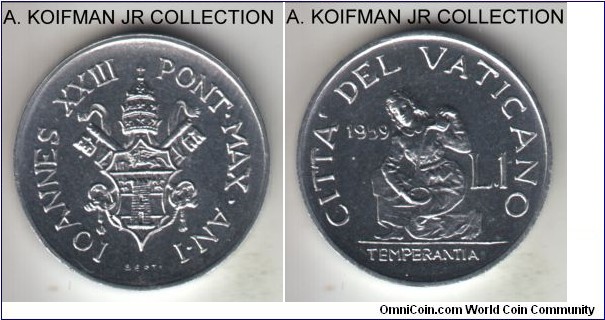 KM-58.1, 1959 Vatican lira; aluminum, plain edge; Year I of John XXIII, 2-year type, mintage 25,000, brilliant uncirculated.