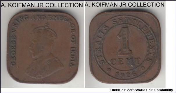 KM-32, 1926 Straits Settlements cent; bronze, square flan, plain edge; George V, heavily circulated issue, fine or so and dirty.