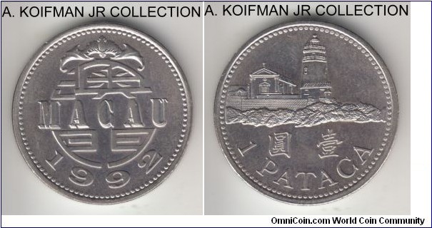 KM-57, 1992 Portuguese Macao pataca; copper-nickel, reeded edge; Portuguese nominal rule, average uncirculated.