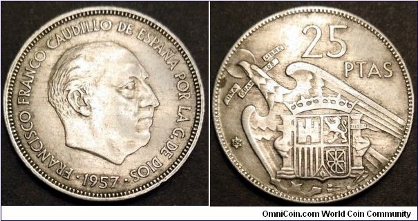 Spain 25 pesetas.
1957 (1965) II