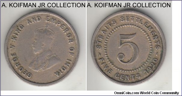 KM-34, Straits Settlements 5 cents; copper-nickel, plain edge; George V second type, uncommon coin, 1-year attempt to use copper-nickel, fine or so.