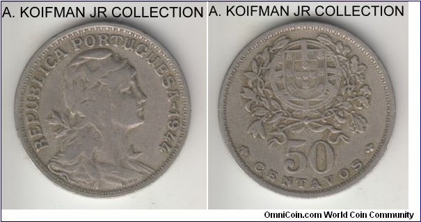 KM-577, 1944 Portugal 50 centavos; copper nickel, reeded edge; average circulated, fine or better.