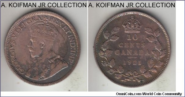 KM-23a, 1921 Canada 10 cents; silver, reeded edge; George V, last type and somewhat scarcer, toned good fine to about very fine, possible old cleaning