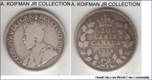 KM-23, 1914 Canada 10 cents; silver, reeded edge; George V, very good to fine, old cleaning.