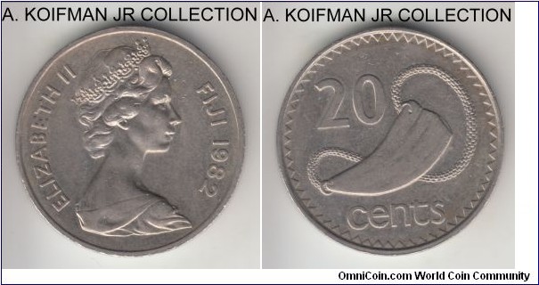 KM-31, 1982 Fiji 20 cents; copper-nickel, reeded edge; first decimal type, good extra fine.