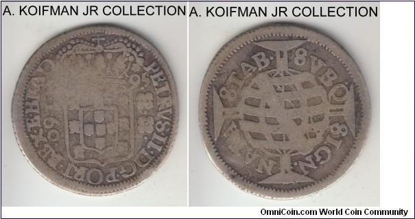 KM-80, 1695 Brazil (Colony) 160 reis, Bahia mint (no mint mark); silver, slant reeded edge; Pedro II, 2-nd type with lower crown, fine or almost.
