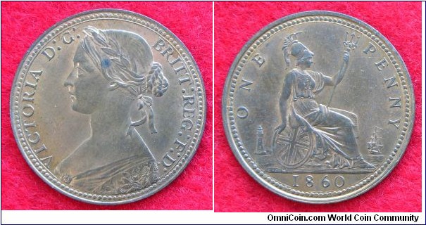 UK penny. 1860 Beaded Borders. Freeman 6. [20321]