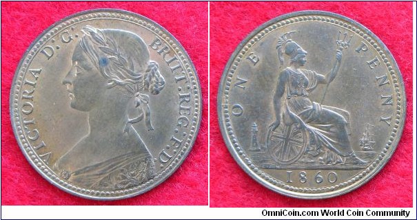 UK penny. 1860 Beaded Borders. Freeman 6. [20321]