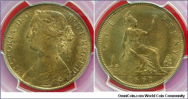 UK penny. 1861. Fishtail off-set. Freeman 22 (common variant).