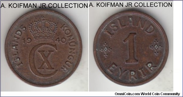 KM-5.2, 1940 Iceland eyrir, London mint; bronze, plain edge; Christian X, very fine or so.