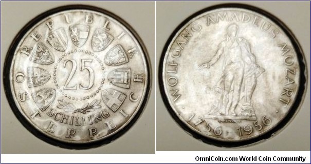 Austria 25 schilling.
1956, 200th Anniversary - Birth of Wolfgang Amadeus Mozart. Ag 800. Weight; 13g.