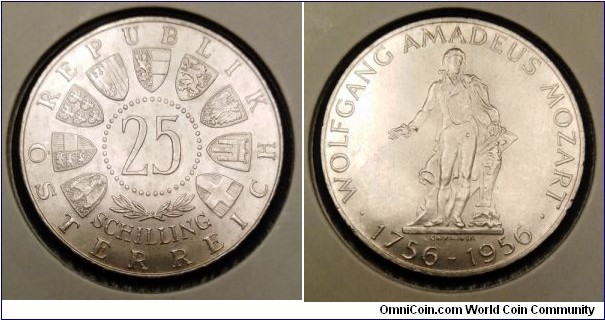 Austria 25 schilling.
1956, 200th Anniversary - Birth of Wolfgang Amadeus Mozart. Ag 800. Weight; 13g. II