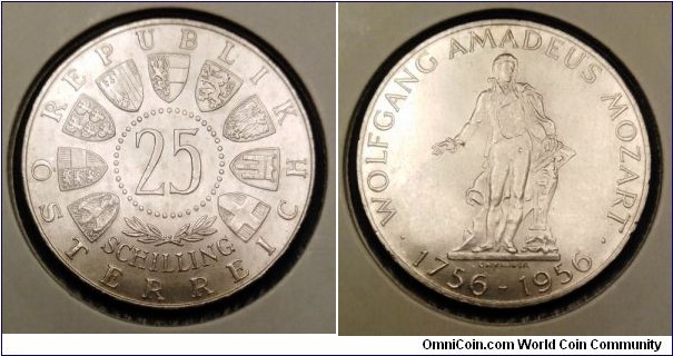 Austria 25 schilling.
1956, 200th Anniversary - Birth of Wolfgang Amadeus Mozart. Ag 800. Weight; 13g. II