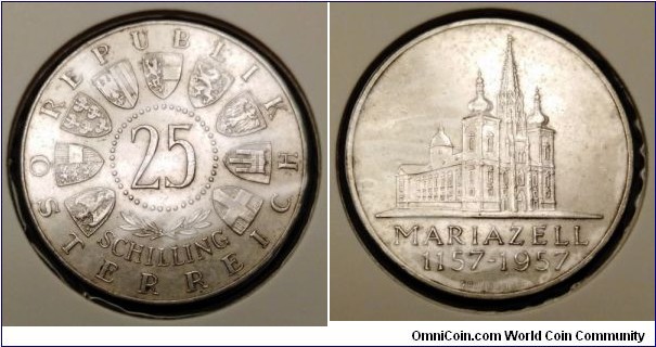 Austria 25 schilling.
1957, 8th Centennial - Mariazell Basilica. Ag 800. Weight; 13g.