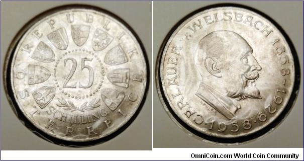 Austria 25 schilling.
1958, 100th Aniiversary - Birth of Carl Auer von Welsbach. Ag 800. Weight; 13g.