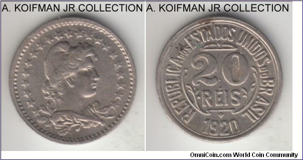 KM-516.2, 1920 Brazil 20 reis; copper-nickel, plain edge; Liberty type, variety with dot in denomination, average uncirculated and couple of toning spots on reverse.