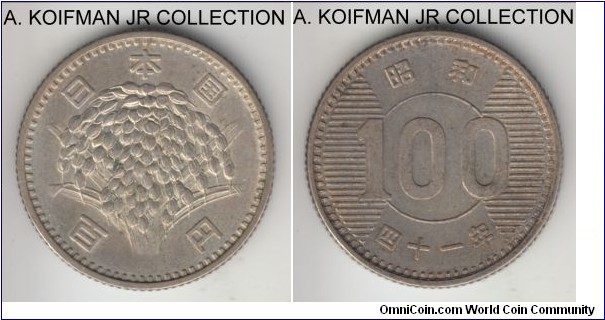 Y#78, Showa Yr. 41 (1966) Japan 100 yen; silver, reeded edge; Hirohito, last year of the type, lightly toned obverse and slightly more toned reverse, uncirculated or almost.