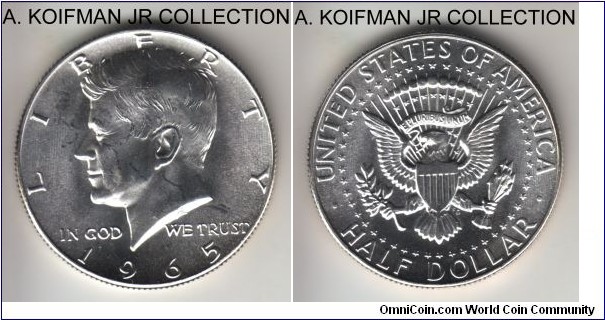 KM-202a, 1965 Unites States of America 50 cents; silver, reeded edge; bright white Kennedy 1/2 dollar, looks to be an SMS-set coin.