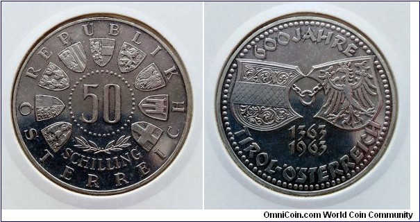 Austria 50 schilling.
1963, 600th Anniversary of the Austrian Tyrol. Ag 900. Weight; 20g.
