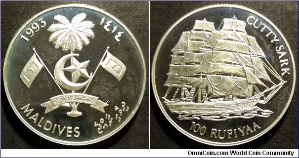 Maldives 100 rufiyaa.
1993, Cutty Sark. Ag 500. Weight; 10g. Mintage: 25.000 pcs.