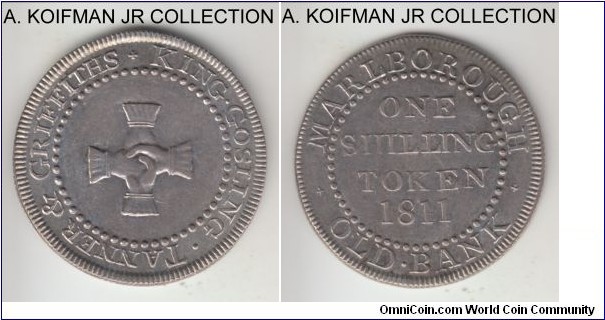 Dalton 3, 1811 Great Britain Wiltshire Marlboro 12 pence token; silver, slant reeded edge; OBV: KING.GOSLING.TANNER&GRIFFITH +, REV: OLD MARLBOROUGH BANK, ONE SHILLING TOKEN 1811, well struck extra fine to good extra fine.