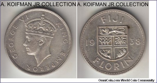 KM-13, 1938 Fiji florin; silver, reeded edge; George VI, scarce with mintage of 20,000, good very fine to about extra fine details, old cleaning and a small spot on reverse.