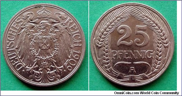 German Empire 25 pfennig. 1909, A - Berlin. Nickel. Diameter; 23mm. Weight; 4.02g. Mintage: 962.260 pcs.
