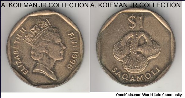 KM-73, 1996 Fiji dollar; aluminum-bronze, reeded edge; Elizabeth II, unevenly toned (looks like it was in some sort of plastic packaging) almost uncirculated.