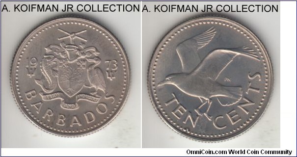 KM-12, 1973 Barbados 10 cents, Royal Mint; copper-nickel, reeded edge; regular circulation type, die #1 variety, lightly overall toned (matte looking) uncirculated.