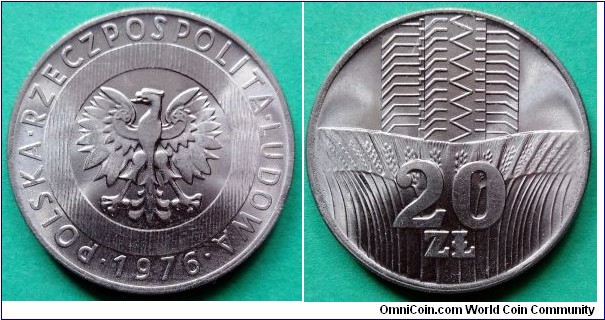 Poland 20 złotych.
1976, Cu-ni. Weight; 10,15g. Diameter; 29mm.
Mintage: 20.000.000 pcs. (II)