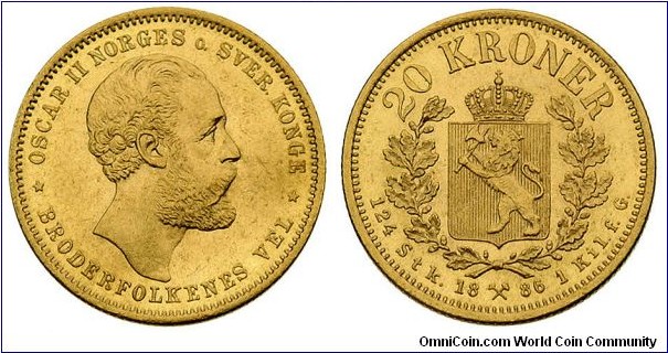 Norway 20 Kroner 1886. Au 900. Weight: 8,96g. 