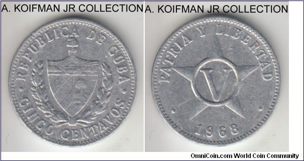 KM-34, 1968 Cuba 5 centavos, Leningrad (St. Petersburg, Russia) mint; aluminum, plain edge; modern Communist government, average circulated. 