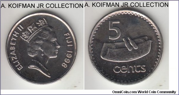 KM-51a, 1998 Fiji 5 cents; nickel-plated steel, reeded edge; Elizabeth II, 1A variety (Numista), good uncirculated specimen.