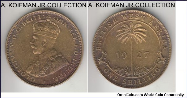 KM-12a, 1927 British West Africa shilling, Royal mint (no mint mark); tin-brass, reeded edge; George V, scarcer type, good very fine or so details, old cleaning, nicely retoning.