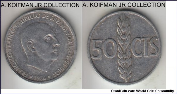 KM-795, 1966(68) Spain 50 centavos; aluminum, reeded edge; Caudilio Franco, average circulated.