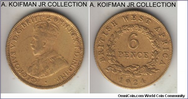 KM-11b, 1924 British West Africa 6 pence, Royal Mint (no mint mark); tin-brass, reeded edge; George V, scarce type and year, old cleaning and retoning.