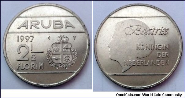 Aruba 2 1/2 florin.
1997, Nickel plated steel. Weight; 10,3g. Diameter; 30mm. Mintage: 7.500 pcs.