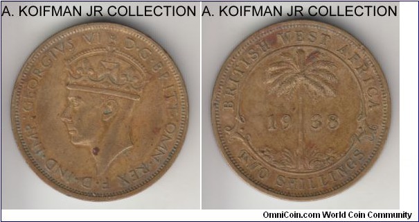 KM-24, 1938 British West Africa 2 shillings, Heaton mint (H mintmark); nickel-brass, security edge; George VI, first year minted in large quantities, good very fine to extra fine details, old obverse cleaning and a small spot on King's neck.