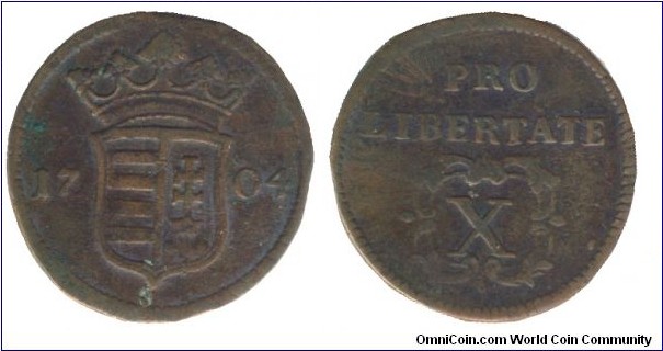 Hungary, prince Rákóczi, 10 poltura, 1704, Cu, Pro Libertate.