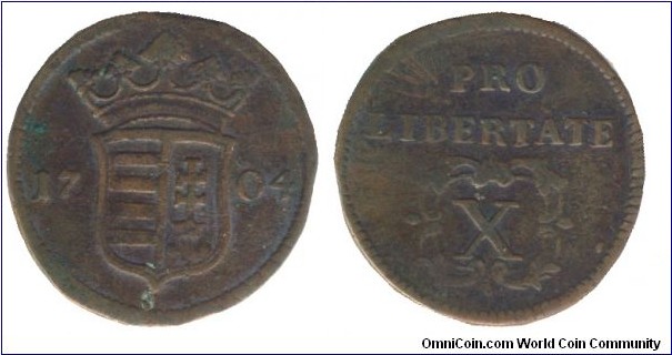 Hungary, prince Rákóczi, 10 poltura, 1704, Cu, Pro Libertate.