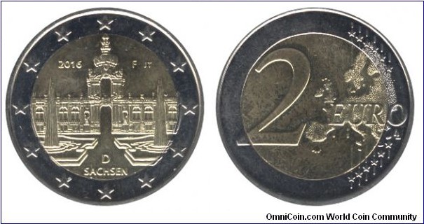 Germany, 2 euros, 2016, Cu-Ni-Ni-Brass, bi-metallic, 25.75mm, 8.5g, Mint Mark: D, Sachsen, Dresdner Zwinger Palace.